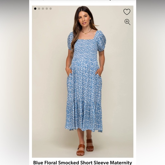 Pink Blush Blue Floral Smocked Short Sleeve Maternity Midi Dress - Picture 1 of 4